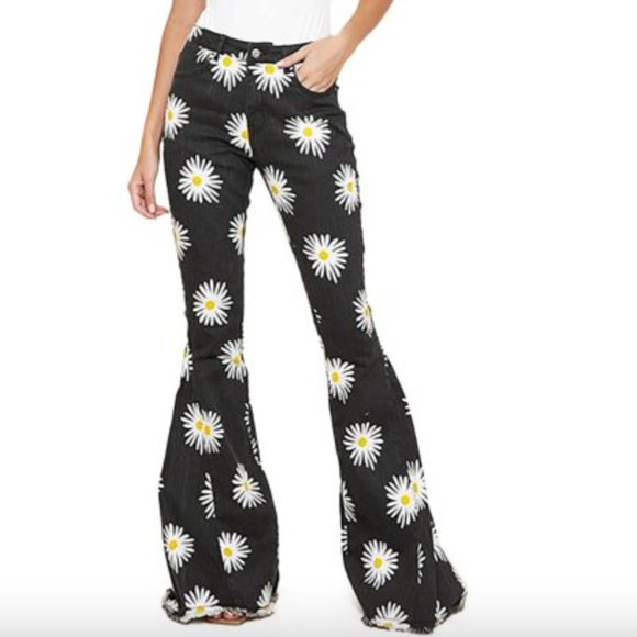 Saints & Hearts Denim - Daisy Print Fringe Bell Bottom Jeans